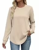 WIHOLL Sweatshirts für Damen, Rundhalsausschnitt, langärmelig, leichte Sweatshirts, gebogener Saum, Herbst-Outfits 2025, beige, M