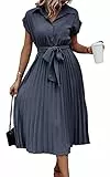 ASOMI Sommerkleid Damen Hemdkleid Kurzarm: Elegant Kurzarm Strandkleid Büro Wickelkleid Mode Tasche Hemdblusenkleid Lässig Blusenkleid Midikleid Knopf Plisseekleid V-Ausschnitt Gürtel B-Graublau XL
