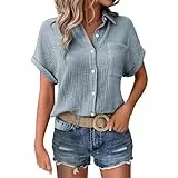 T-Shirts Für Damen，Sommer Button-Down Leinenhemd Oberteile Oversized V Ausschnitt Leinenbluse Bluse Große Größen Leinen Kleidung Musselin Hemd Solide Top