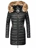 MARIKOO Damen Wintermantel warmer Steppmantel lang mit Kapuze und abnehmbarem Kunstfell-Kragen Rose Schwarz Gr. M