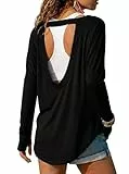 Tankaneo Damen Sportshirt Rückenfrei Langarm Athletisch T-Shirts mit Daumenlöchern Loose Fit Gym Yoga Oberteile Schwarz XL