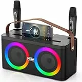 PKBD Karaoke Maschine mit Telefon-/Pad-Halterung, Tragbarer Bluetooth-Lautsprecher mit 2 kabellosen Mikrofonen/LED-Leuchten/PA-System, Unterstützt Mikrofonplatzierung für Heimpartys, Outdoor/Indoor