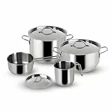Lagostina Every 7-teiliges Küchenutensilien-Set aus Edelstahl, Stieltopf mit Zwei Griffen, 18 cm, Suppentopf 22 cm, Milchbrei 12 cm, Langer Stieltopf 14 cm und Deckel