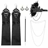 KEWUZY 5 Teiliges 20er Jahre Accessoires, Great Gatsby Flapper Set, Charleston Accessoires Damen, mit Flapper Stirnband Handschuhen Perlenkette Ohrringen für Halloween Weihnachten