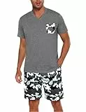 Marvmys Männer Sommer Kurze Baumwolle leichte Pyjamas Zweiteilige V-Ausschnitt Kurze Ärmel T-Shirt mit Brusttasche und Camouflage Shorts S-3XL