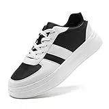 LANGFEUU Damen Turnschuhe Sneaker Leder Flacher Absatz Schuhe Wanderschuhe Straßenlaufschuhe rutschfest Frauen Halbschuhe Schwarz Weiß EU 40
