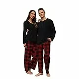 U2SKIIN Schlafanzug Herren Fleece Pyjama lang Karierte Schlafanzüge für Herren Kuschel Pyjama Set warme Nachtwäsche Loungwear (Schwarz/Rot-Schwarz Kariert, L)
