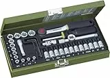 PROXXON Steckschlüsselsatz, Feinmechaniker-Satz mit 1/4'-Umschaltratsche sowie Schraubendrehergriff, 36-teiliges Werkzeug-Set mit Stahlkasten, 23080, 30 x 12.5 x 5 cm