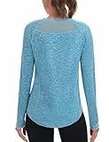 Wayleb Damen Sportshirt Langarm Rundhalsausschnitt Mesh am Rücken Lässig Funktionsshirt für Gym Übungen und Gruppe Training Tops Blau S-XXL