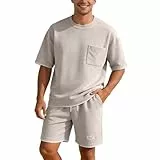 Generisch 2026 Waffle Sommer Outfit Herren 2 Teiler Herren Sommer Sportanzug T-Shirt Und Shorts Set Trainingsanzug Jogginganzug Kurz Zweiteiler Freizeitanzug Sport Kleidung Khaki L