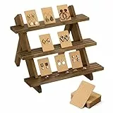 Emibele Schmuckständer, 3 Stufen Holz Schmuckaufbewahrung mit Rillen und 50 Karten für Ohrring Ring Halskette Armband, Schmuckhalter Ohrstecker Display Regal mit Rutschfesten Pads für Desktop, Braun