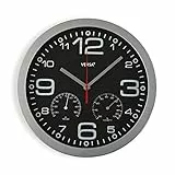 Versa Pamuk Wanduhr - Leiser und dekorativer, für die Küche oder das Wohnzimmer mit Hygrometer und Thermometer, Maßnahmen (H x L x B) 30 x 4,1 x 30 cm, Aluminium und Glas, Farbe: Silber und Schwarz