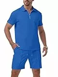 QIXING Herren Trainingsanzug 2 Teiler Herren Sommer Shorts und Tshirt Set mit Half-Zip Polo Hemd Set Kurzarm Zweiteiler Herren Sommer Kurz(Königsblau, M)