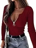 TrendiMax Damen Langarmshirt Gerippt Stretch Pullover Sexy V Ausschnitt Langarm Oberteile Reißverschluss Slim Fit Basic Shirt Ribbed Tops (L, Weinrot)