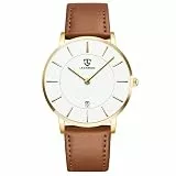 aswan watch Flache Herren Analog Quarz Armbanduhr mit Lederarmband, Datum, 2 Zeiger, 39 mm Gehäusegröße