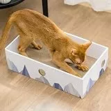 Conlun Katzen Kratzbrett mit Box, Großes Kratzmöbel, Beidseitige Kratzpappe für Katzen, Interaktive Öffnungen, Kratzbett für Wohnungskatzen, mit Katzenminze (1 Stück, Groß, Weiß)
