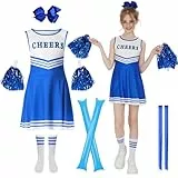 JONRRYIN Cheerleader Kostüm Kinder, Cheerleadering Outfit Mädchen, Cheerleading Uniform Kleid mit Pompoms, Socken und Kopfschmuck, Schulkind Cheer Kostüm Outfit für Karneval Halloween (Blau, 130cm)