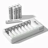 BONAI 8-Schacht Akku Ladegerät mit 8er Pack AAA Akkus 1100mAh, Intelligentes Ladegerät für 1.2V NI-MH AA/AAA Batterien, Micro-USB Schnellladung mit LED-Statusanzeige