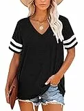 MOLERANI T-Shirts für Damen Kurzarm V-Ausschnitt Gestreifte Sommer Tops Casual Loose Tee Schwarz XXL