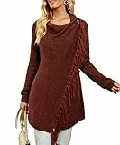 CEASIKERY Damen-Poncho mit Fransen, Pullover, Lange Strickjacke, Strickpullover, Mantel, Rotbraun,S
