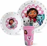 Gabby’s Dollhouse Kindergeschirr Set 3-teilig aus PP – Frühstücksset mit Teller, Schale und Becher 260 ml – BPA-frei, spülmaschinen- und mikrowellengeeignet – für Kinder