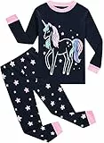 EULLA Kinder Mädchen Schlafanzüge Langarm Baumwolle Winter Pyjama Set Glow in The Dark Einhorn Zweiteilig Nachtwäsche 92 98 104 110 116 122 128 134 140 A-dunkelblau Glow in The Dark Einhorn DE 116