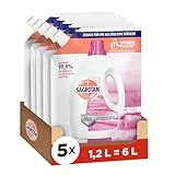 Sagrotan Wäsche-Hygienespüler Sensitiv Nachfüller – Desinfektionsspüler für hygienisch saubere und frische Wäsche – 5 x 1,2 l Reiniger im praktischen Vorteilspack