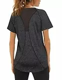 Wayleb Sport Tshirts Damen Kurzarm Rundhals Schnell Trocken Laufshirt Sportshirt Back Mesh Atmungsaktiv Funktionsshirt Fitness Gym Yoga T-Shirt Oberteile Tops, schwarz M