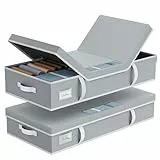 LAMU 2 Stück Unterbettkommode, Unterbett Aufbewahrungsbox mit Deckel Große, Faltbare Kleider Aufbewahrungstasche mit Sichtfenster und 4 Griffen für Bettdecken, Kleidung, Schuhe, Grau, 80x40x15cm