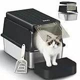 Fobyfurny Edelstahl-Katzenklo mit Deckel, XXL Geschlossene Metall-Katzenklo, Katzentoiletten mit Schaufel und Fußstufe, Herausnehmbar, 120° Klappdeckel, Leicht zu Reinigen, Schwarz, FPLB001SB1
