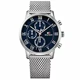 Tommy Hilfiger Herren-Multifunktions-Quarzuhr 44mm mit Blauem Zifferblatt, Edelstahlgehäuse und Mesh-Armband, 3ATM Wasserbeständigkeit - 1791398