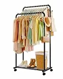 Sakugi kleiderständer auf rollen – Doppelstangen Kleiderstange mit Mesh-Ablage, Haken & Rollen, Stabiler Garderobenständer für Waschküche und Wohnzimmer, 73 x 42 x 149 cm, Schwarz