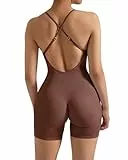 OMKAGI Rückenfreie Gerippte Jumpsuit Damen Kurz Spaghetti Strap Yoga Overall Bauchweg Sport Einteiler Romper(L,Braun)