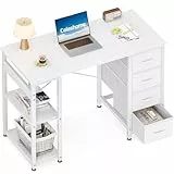 Coleshome Kleiner Schreibtisch mit 4 Schubladen, 100x40cm Schreibtisch mit Stauraum, Umkehrbarer Computertisch mit Regalen PC Tisch für Büro Arbeitszimmer Schlafzimmer, Weiß
