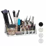 Relaxdays Kosmetik-Organizer Acryl, Make Up Organizer mit 16 Fächern für Schminke & Lippenstift-Halter, transparent/gold