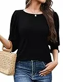 Aottori Damen Tshirt Sommer Elegant Rundhals 3/4 Ärmel mit Puffärmeln Baumwolle T Shirt Basic Oberteile Casual Lose Tops Schwarz L