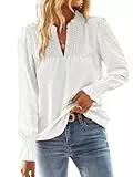 TUUHAW Langarmshirt Damen Herbst Boho Top Oberteile Fließend Elegant V-Ausschnitt T Shirt Süß Lässig Outfits Frühling Winter Longshirt Spitze Kleidung Paspel Volant Weiß M