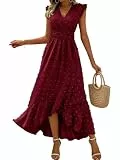 KUNJLELP Damen Sommerkleider Rüschen Ärmel V-Ausschnitt Casual Swing Elastische Taille Midi Kleid Freizeitkleider Partykleid,L,Rot-WD54