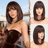 FESHFEN Rotbraun Kurze Bob Perücken mit Pony für Damen Frauen, Gerade Mittellange Synthetik Perücken Haar für Karneval Cosplay Wigs with Bangs Tägliche Party Perücke 35 cm
