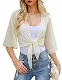 Wayleb Bolero Damen Festlich 3/4 Ärmel Cardigan Jacke Sommer Kurze Strickjacke Elegant Offen Kurzarm Bolero Jäckchen für Abendkleid, Beige M