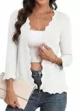GRECERELLE Damen Leichte Strickjacke mit V-Ausschnitt 3/4-Ärmel Knöpfen Kurz Eleganter Stricken Cardigan Spring Sommer Herbst (Weiß, L)