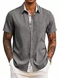 COOFANDY Herren Hemd Kurzarm Kurzarmhemd Sommerhemd Leicht Freizeithemd Strand Hemd Herrenhemd Kurzarm Urlaubshemd mit Brusttasche Dunkelgrau XL