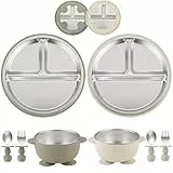 PandaEar 8-teiliges Baby Essgeschirr Set aus Edelstahl & Silikon, Saugteller und Schüsseln mit Löffel & Gabel, Geteiltes Geschirr für selbstständiges Essen, BPA-frei (Beige & Walnuss)
