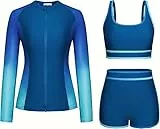 Kate Kasin Damen Badeanzug 3-Teilig Langarm Reißverschluss Jacke Sport-BH Badehose Schwimmanzug UV-Schutz Surfbekleidung Blaugrüner Farbverlauf XL