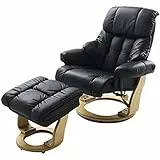 Robas Lund Relaxsessel Calgary mit Hocker, bis 130 kg belastbar, drehbarer Fernsehsessel mit Liegefunktion, Echtleder schwarz, Gestell Holz natur
