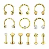JSDDE 12 Stück Edelstahl Lippenpiercing Nasenpiercing Set 16g Labret Stecker Hufeisen Septum Ringe Creolen Ohrringe Clicker Körperpiercing für Ohr Helix Tragus Knorpel Lippen (Gold)