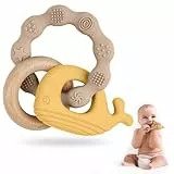Vicloon Beißring Baby, Beißspielzeug Zahnungshilfe aus Silikon & Holz, BPA-frei, Waltierform, Zahnen Nursing Zubehör für ab 3 Monaten Babys, Mädchen Junge Geschenk (Wal-Gelb)