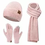 ZASFOU Damen Winter Mütze Schal Touchscreen Handschuhe Set Thermo Beanie Wintermütze Strickmütze Schlauchschal Winterhandschuhe Geschenk für Frauen