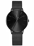 Alienwork Armbanduhr Damen Schwarz Metall Mesh Armband Edelstahl Ultra-flach dünn