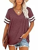 MOLERANI T-Shirts für Damen Kurzarm V-Ausschnitt Gestreifte Sommer Tops Casual Lose T-Shirt Weinrot XXL